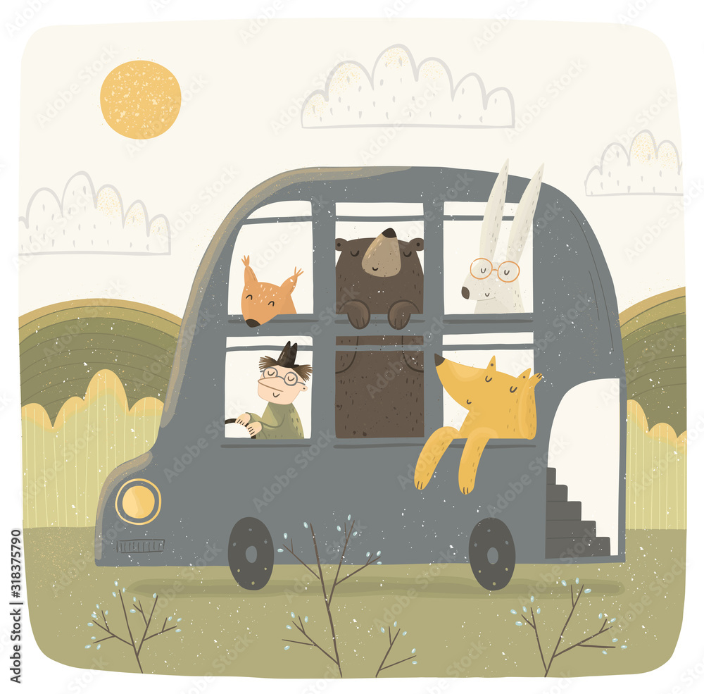 Cute vector illustration of a funny bus with animals on nature. The ...