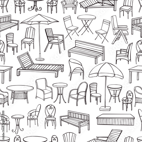 Hand drawn garden furniture.  Vector seamless pattern.