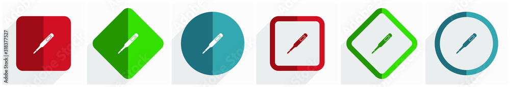 Electronic digital medical thermometer icon set, flat design vector illustration in 6 options for webdesign and mobile applications in eps 10 Electronic digital medical thermometer icon set, flat design vector illustration in 6 options for webdesign and mobile applications in eps 10