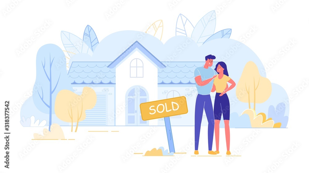 Couple Owners Standing near Facade Buying New Home