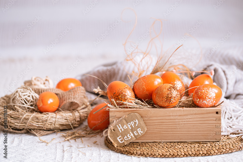 Easter still life with orange eggs, holiday decor . Easter still life with orange eggs, holiday decor .