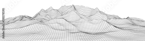 Vector wireframe 3d landscape. Technology grid illustration. Network of connected dots and lines.