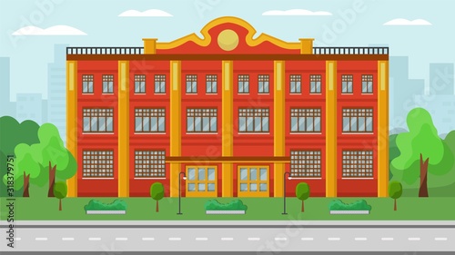 Fototapeta Naklejka Na Ścianę i Meble -  Administrative building front exterior vector illustration. Federal municipal city government state or different official structure department house facade. Trees, greenery, buildings background.