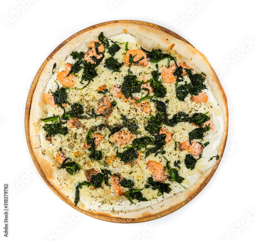 Classic thin pizza with mozzarella and smoked salmon on a white background