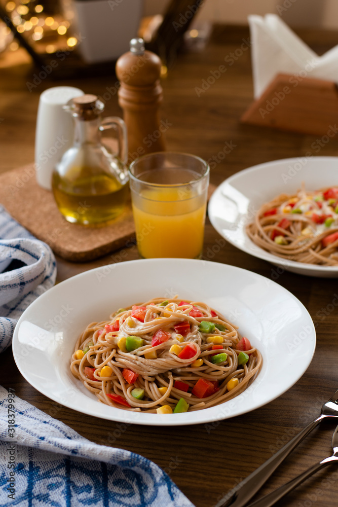 Delicious vegan pasta salad with tahini dressing. Noodles with quinoa or whole wheat pasta. Delicious vegan pasta salad with tahini dressing. Noodles with quinoa or whole wheat pasta.