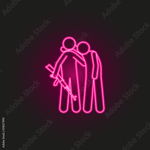 military helps a wounded man neon style icon. Simple thin line, outline vector of army icons for ui and ux, website or mobile application