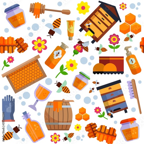 Apiary honey farm production seamless pattern vector illustration. Bee, honeycomb, hive, natural healthy sweet food products set collection background flat isolated.