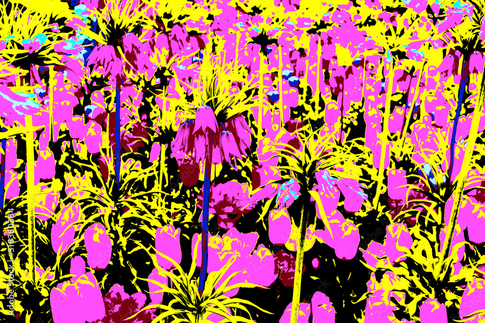 Abstract background, illustration. Energizing colors - pink, yellow, blue, black. .Floral theme.