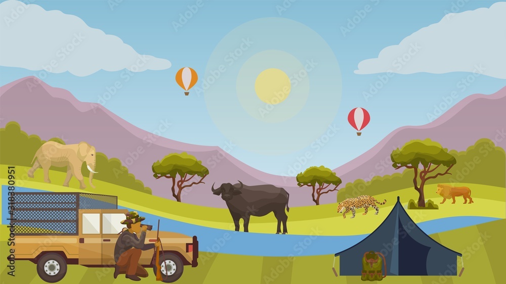 Hunting safari vector illustration concept. Hunter man near car with rifle, backpack, tent looking through binoculars. African wild nature and animals elephant, lion, leopard and buffalo.