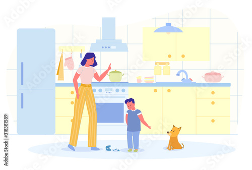 Son is Guilty before Mom Vector Illustration.