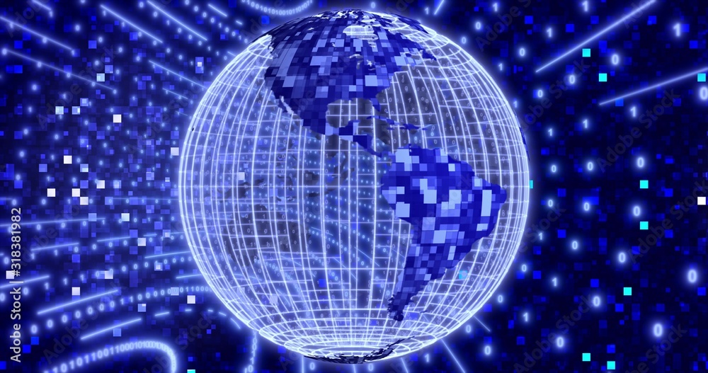 Obraz premium Neon Digital binary background with rotating Blue Planet earth. animation for network, digital event. 3D illustration