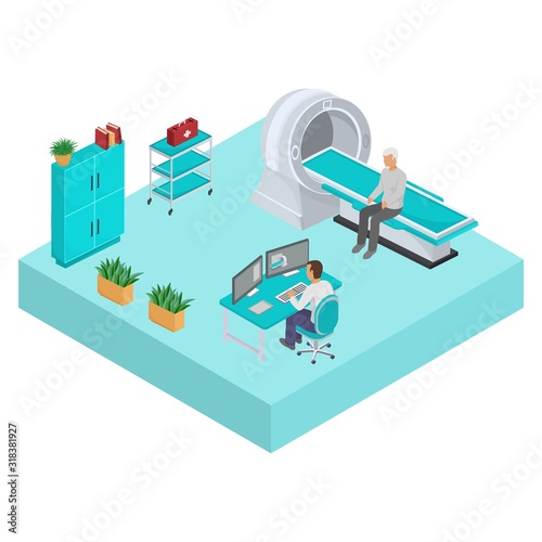 Magnetic resonance imaging mri office room in hospital clinic vector illustration isolated isometric. Doctor man sitting at computer and elderly male patient. Medicine, health care and treatment.