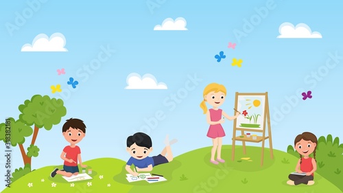 Children draw on nature meadow vector illustration. Boys and girls paint standing and lying on grass field. Group of children, art class, kindergarten or school creative open air lesson.