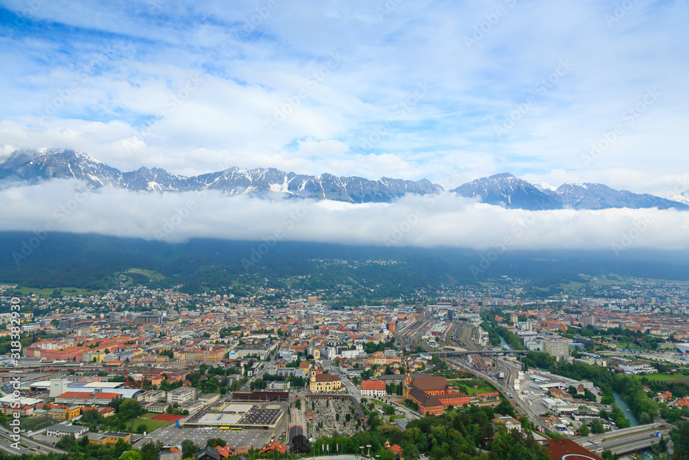 Innsbruck aerial view with alps in background