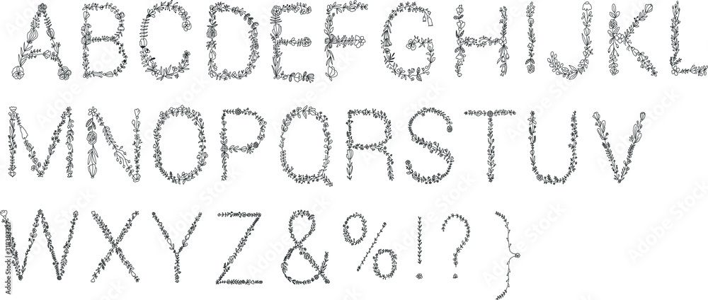 Decorative alphabet.Floral font. Black and white lines. The outlines of the letters.