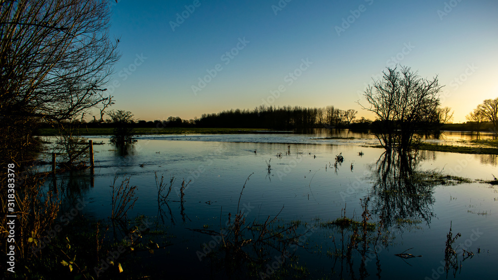 Flooded lands around Oxford area, Winter time floods in Chiselhampton in sunset, scenic view of rural lands with reflections in calm water, trees river and birds