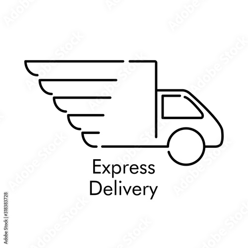 Símbolo de entrega urgente. Envío rápido con camión con alas. Icono lineal en color negro