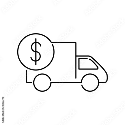 Símbolo de entrega económico. Envío con camión y moneda de dolar. Icono lineal en color negro