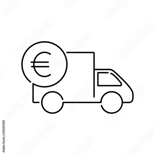 Símbolo de entrega económico. Envío con camión y moneda de euro. Icono lineal en color negro