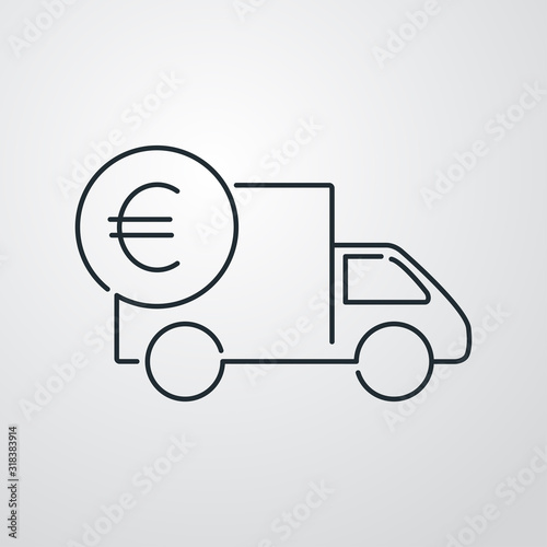 Símbolo de entrega económico. Envío con camión y moneda de euro. Icono lineal en fondo gris