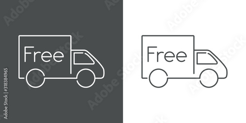 Símbolo de entrega gratuita. Envío con camión y palabra Free. icono lineal en fondo gris y fondo blanco