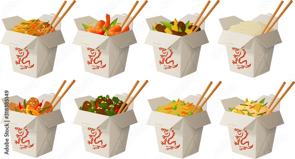 Vector illustration of various Asian Chinese take out foods in boxes