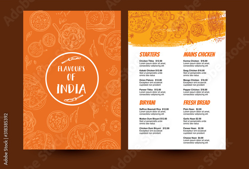 Indian food menu design. Linear graphic. Vector illustration. Engraved style.