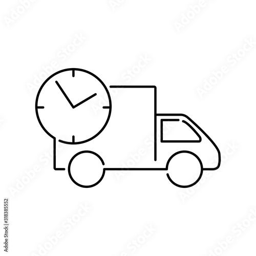 Símbolo de entrega urgente. Envío rápido con reloj y camión. Icono lineal en color negro
