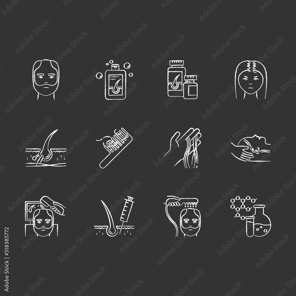 Hair loss chalk white icons set on black background. Hair roots. Alopecia treatment. Chemistry, medicine. Physiotherapy and injection for hair thinning. Isolated vector chalkboard illustrations