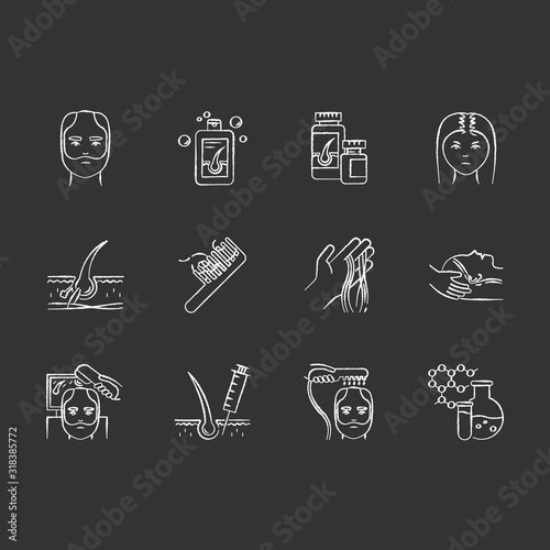Hair loss chalk white icons set on black background. Hair roots. Alopecia treatment. Chemistry, medicine. Physiotherapy and injection for hair thinning. Isolated vector chalkboard illustrations