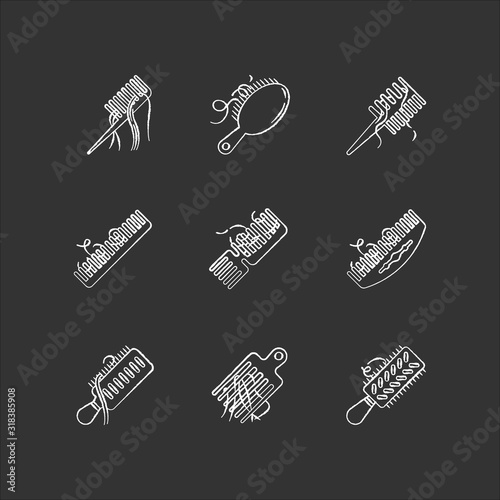 Hair loss chalk white icons set on black background. Comb with hair. Alopecia, stress symptom. Hairbrush with strands. Dermatology. Haircare problem. Isolated vector chalkboard illustrations