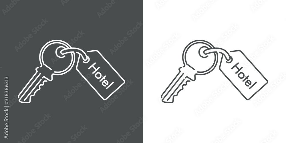 Concepto de vacaciones y viajes. Icono plano lineal llave de hotel en fondo gris y fondo blanco Concepto de vacaciones y viajes. Icono plano lineal llave de hotel en fondo gris y fondo blanco