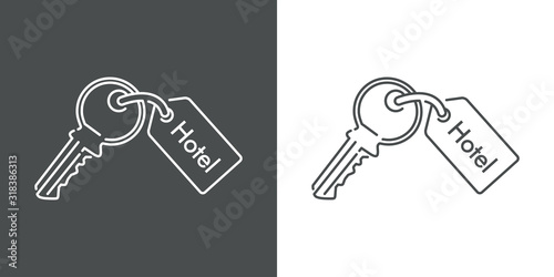 Concepto de vacaciones y viajes. Icono plano lineal llave de hotel en fondo gris y fondo blanco