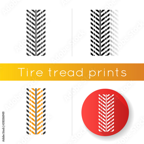 Tire print icon. Detailed automobile, motorcycle tyre marks. Directional car wheel trace with thick grooves. Vehicle tire trail. Linear black and RGB color styles. Isolated vector illustrations