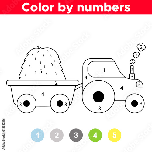 Coloring book with numbers. Learn colors. Educational game for preschool children. Cute cartoon transport - tractor.