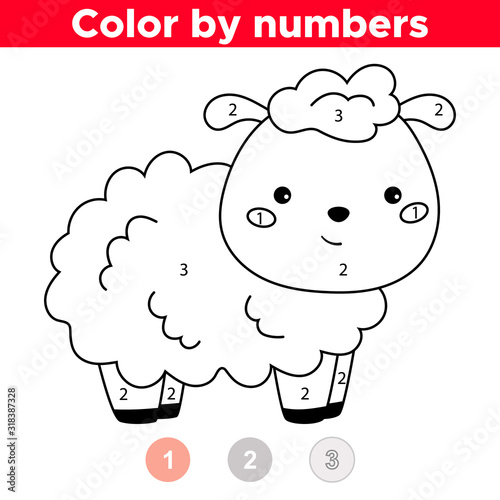 Coloring by numbers. Cute cartoon kawaii sheep. Farm animals. Educational game for preschool children. Learn colors.