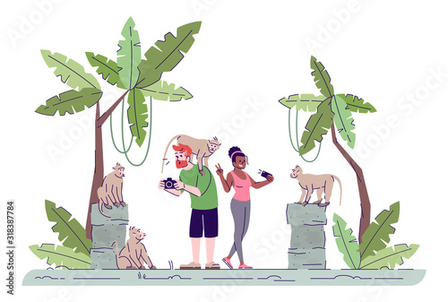 Tourists taking photos flat doodle illustration. Couple photographing primates. Monkey forest. Vacation in tropical country. Indonesia tourism 2D cartoon character with outline for commercial use