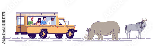 Safari journey flat doodle illustration. People observing and photographing wild animals from van. Wildlife conservation park. Indonesia tourism 2D cartoon character with outline for commercial use