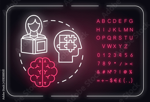 Memory neon light concept icon. Receiving and storing information. Brain informational processing idea. Outer glowing sign with alphabet, numbers and symbols. Vector isolated RGB color illustration