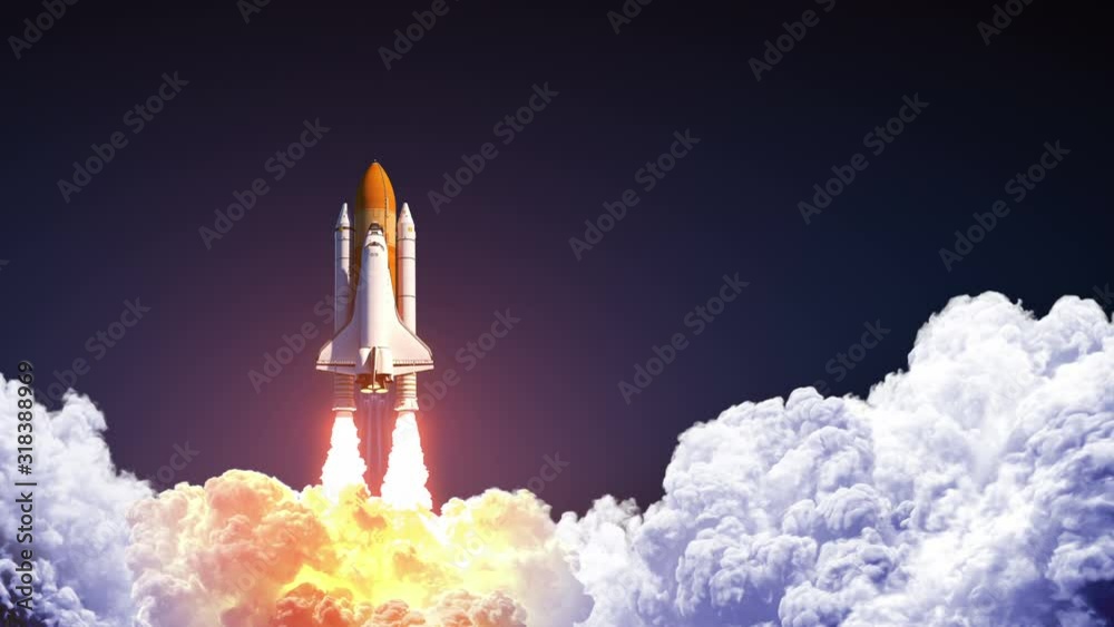 Space Shuttle Launch On Blue Sky. Slow Motion. 3D Animation. 4K.  Ultra High Definition. 3840x2160.