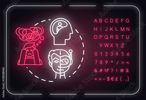 Schizophrenia neon light concept icon. Psychosis. Schizophrenic disorder idea thin line illustrationidea. Outer glowing sign with alphabet, numbers and symbols. Vector isolated RGB color illustration