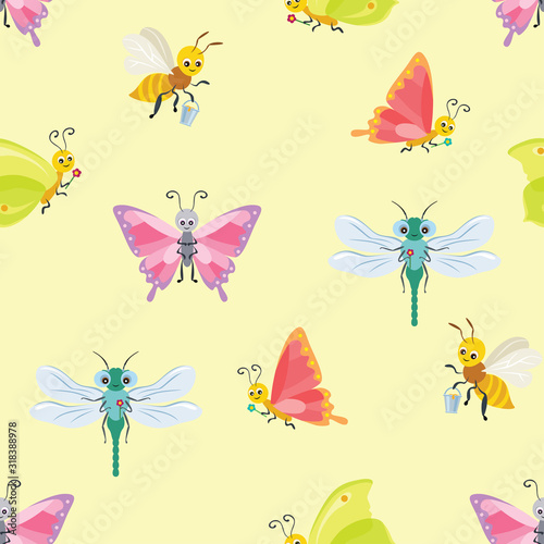 Cute insects seamless pattern. Funny butterfly, dragonfly and honey bee isolated on yellow background. Vector illustration of bug and beetle in cartoon flat style. Children's characters. © Sunnydream