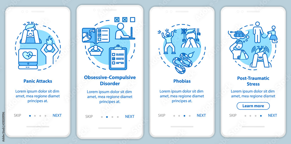 Mental disorders onboarding mobile app page screen with concepts. Panic attacks. Psychological diseases walkthrough four steps graphic instructions. UI vector template with RGB color illustrations
