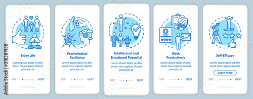 Mental health onboarding mobile app page screen with concepts. Work productively. Psychological wellness walkthrough five steps graphic instructions. UI vector template with RGB color illustrations
