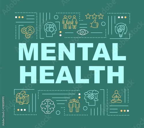 Mental health word concepts banner. Happy healthy mind. Joyful life. Infographics with linear icons on dark green background. Isolated typography. Vector outline RGB color illustration