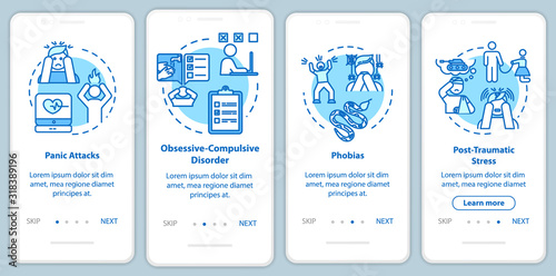 Mental disorders onboarding mobile app page screen with concepts. Panic attacks. Psychological diseases walkthrough four steps graphic instructions. UI vector template with RGB color illustrations