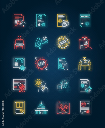 Notary services neon light icons set. Apostille and legalization. Notarized documents. Notarization. Legal paper. Signs with outer glowing effect. Vector isolated RGB color illustrations