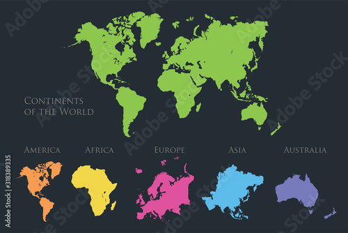 World continents map, America, Europe, Africa, Asia, Australia, Isolated on dark blue background vector