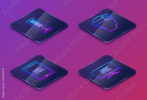 Set Isometric line Video game console, Tablet with text 5k, Virtual reality glasses and Monitor display with 5k video. Blue square button. Vector