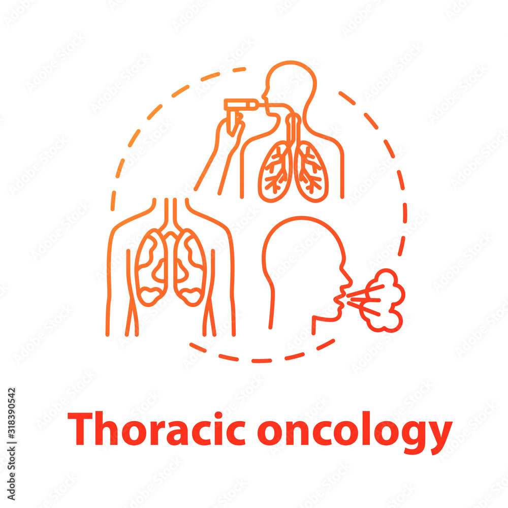 Thoracic oncology concept icon. Lung airways inflammatory disease. Asthma, tuberculosis. Pulmonology idea thin line illustration. Vector isolated outline RGB color drawing Thoracic oncology concept icon. Lung airways inflammatory disease. Asthma, tuberculosis. Pulmonology idea thin line illustration. Vector isolated outline RGB color drawing